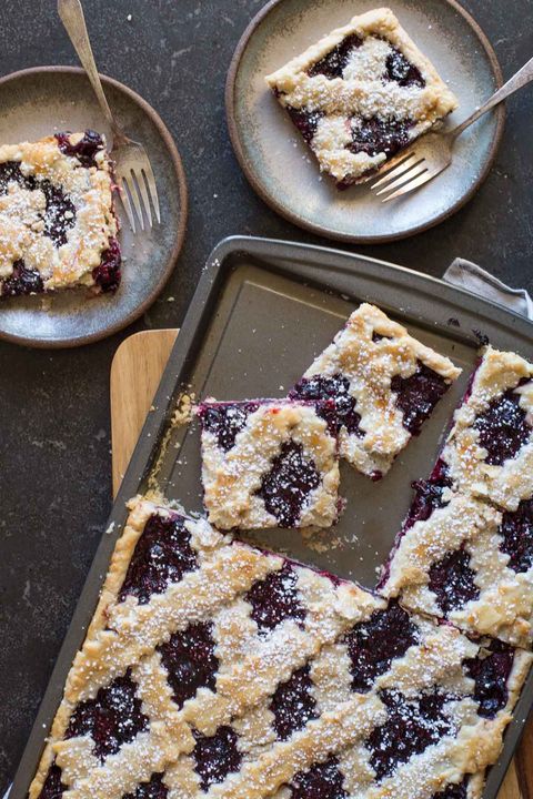 triple berry slab pie in sheet pan and on plates