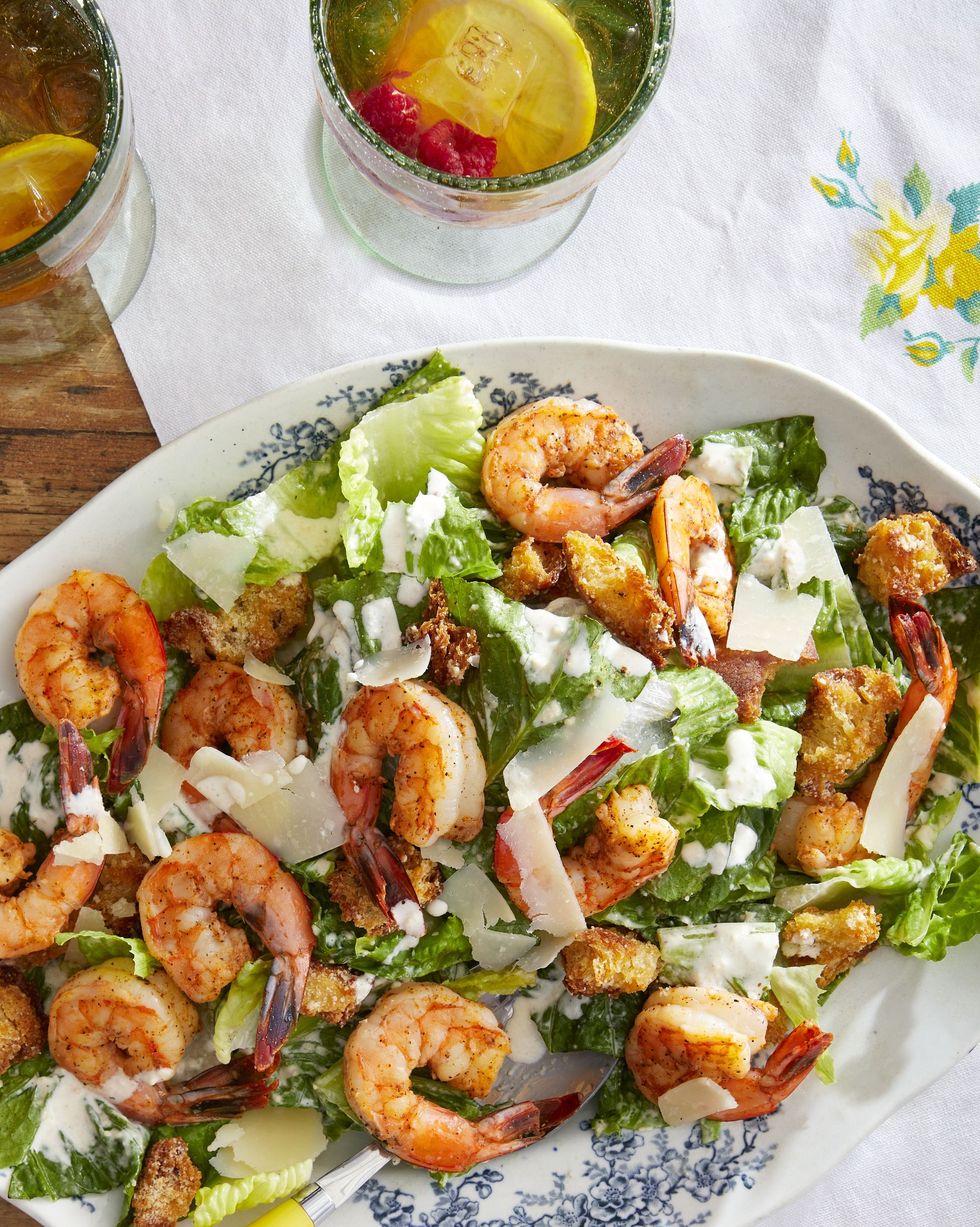 creole shrimp caesar salad with cheesy croutons
