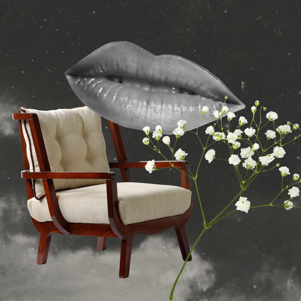 collage of a pair of lips, a linen chair, and babys breath flowers