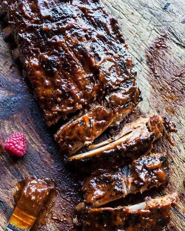 slow cooker habanero apricot ribs on a wooden serving board