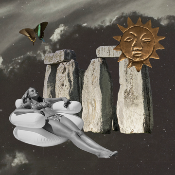 a collage of stonehenge, a golden sun, a butterfly, and a person lounging on a pool float