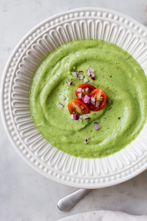 cold avocado cucumber soup with cherry tomatoes