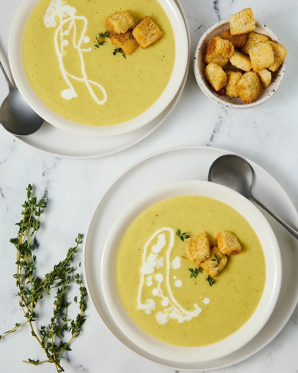 creamy yellow squash soup with croutons