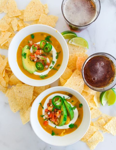texas chicken chowder with tortilla chips and beer