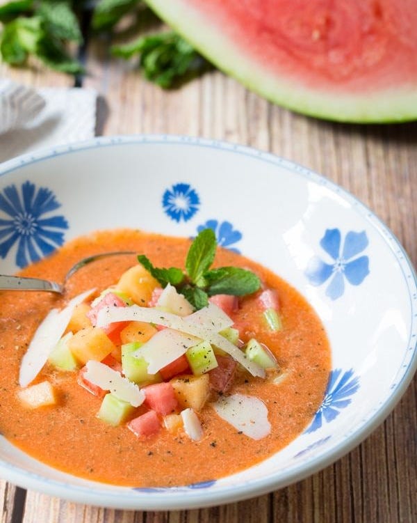 watermelon gazpacho in blue and white floral bowl