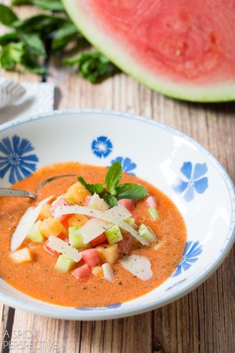watermelon gazpacho in blue and white floral bowl