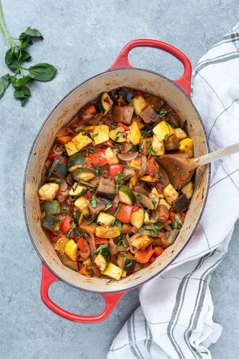 easy ratatouille in pot with wooden spoon