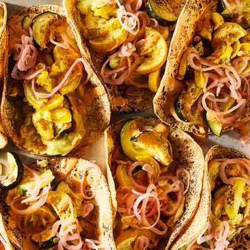 summer squash sheet pan tacos with tahini hummus and pickled shallots