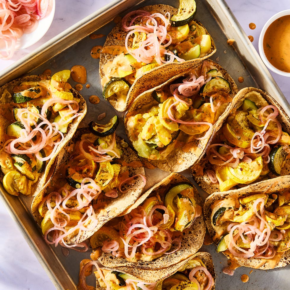 summer squash sheet pan tacos with tahini hummus and pickled shallots