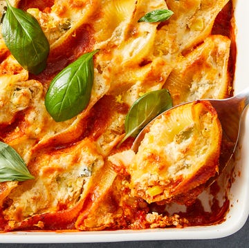 Summer Stuffed Shells stuffed shells with sauce filled with cheese