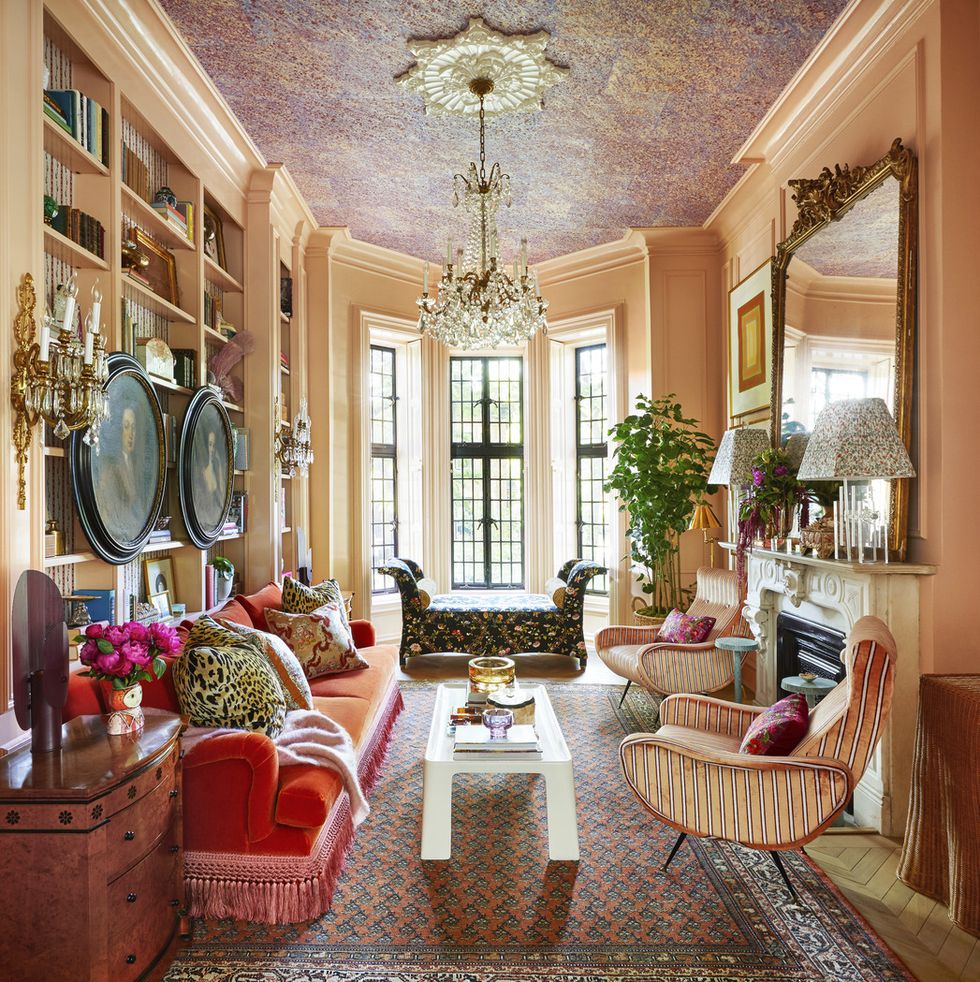 hand marbled ceiling paper crowns the apricot living room