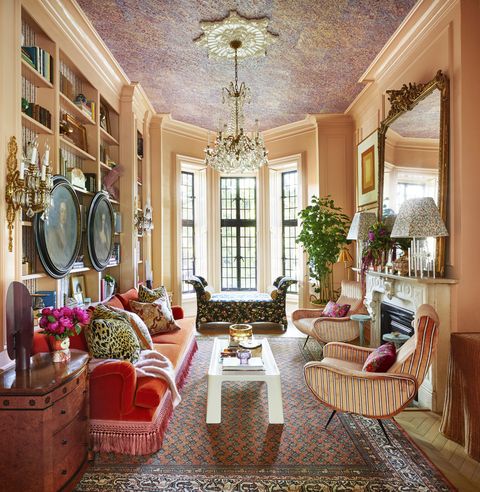 hand marbled ceiling paper crowns the apricot living room