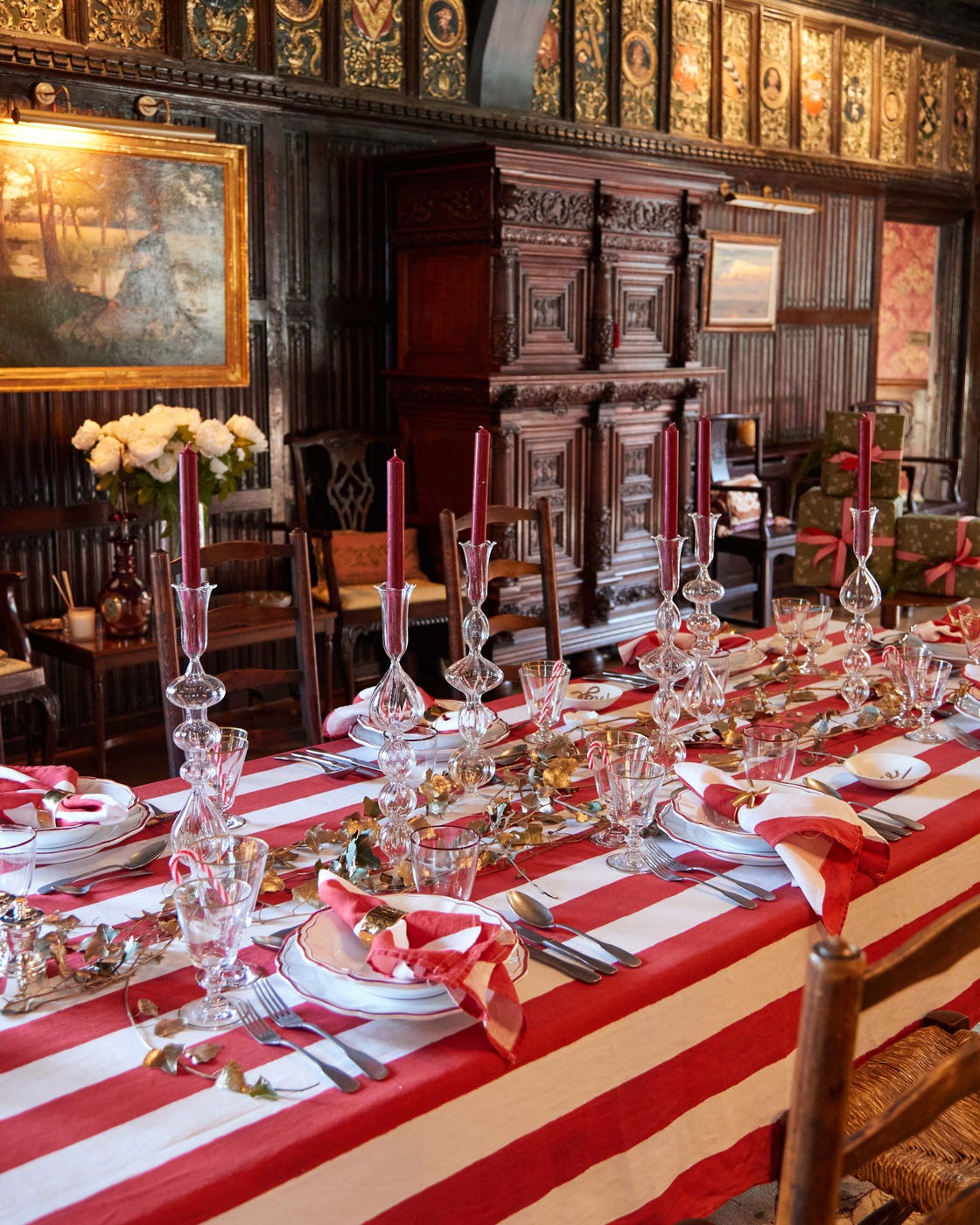 red and white striped tablecloth