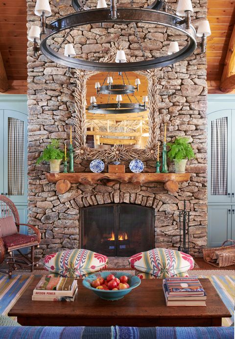mark d sikes sun valley, idaho cabin living room fireplace