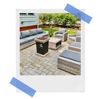 sunhaven outdoor sofa chairs ottoman and fire pit on patio