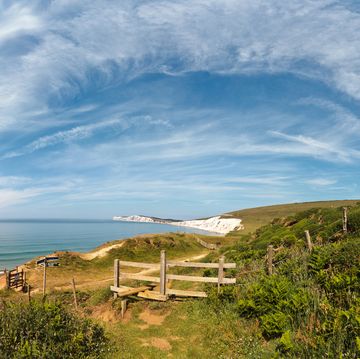 hand held and hand stitched panoramic vertorama from the cliffs over compton bay on the isle of wight