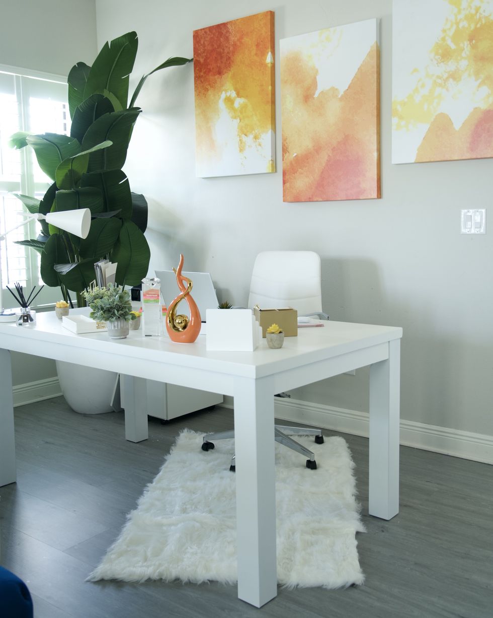 white office with orange and yellow decor