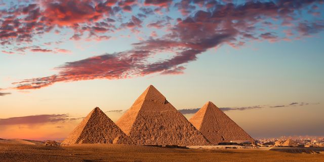 sunset at the pyramids, giza, cairo, egypt