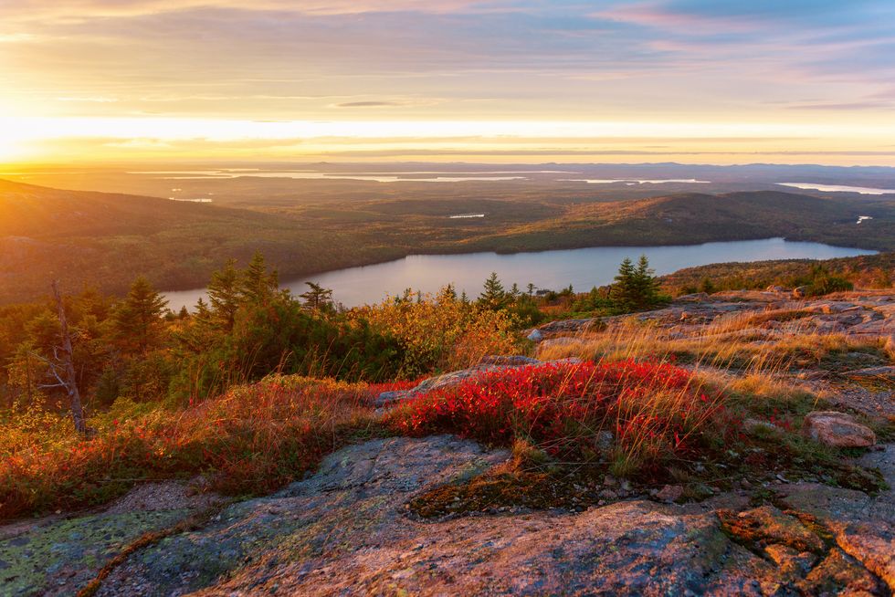 sunset from blue hill overlook on cadillac mountain in acadia national park