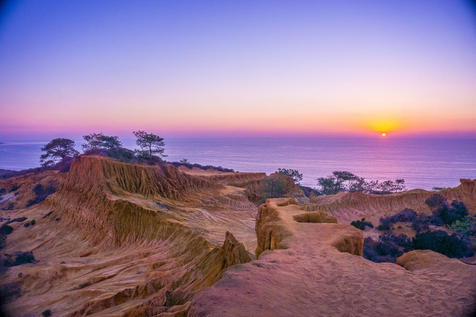 sunset from broken hill overlook at torrey pines state reserve, san diego, california, america, usa