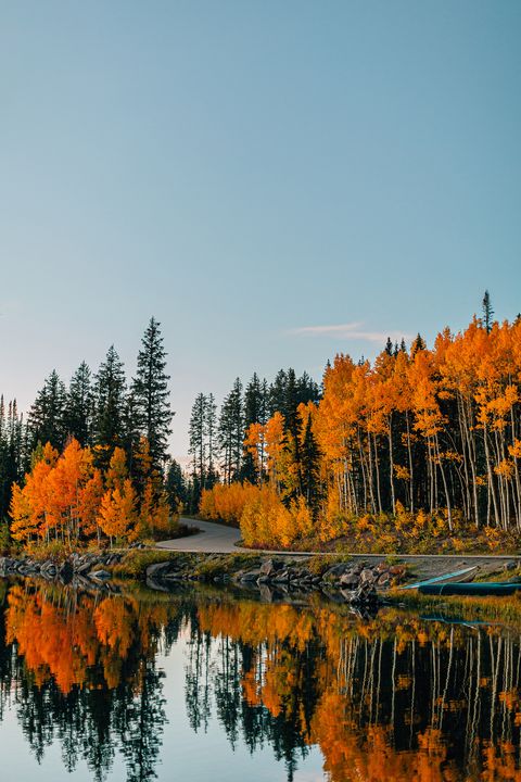 sunset shot of a reflective lake in the fall autumn colors in the grand mesa national forest in beautiful western colorado