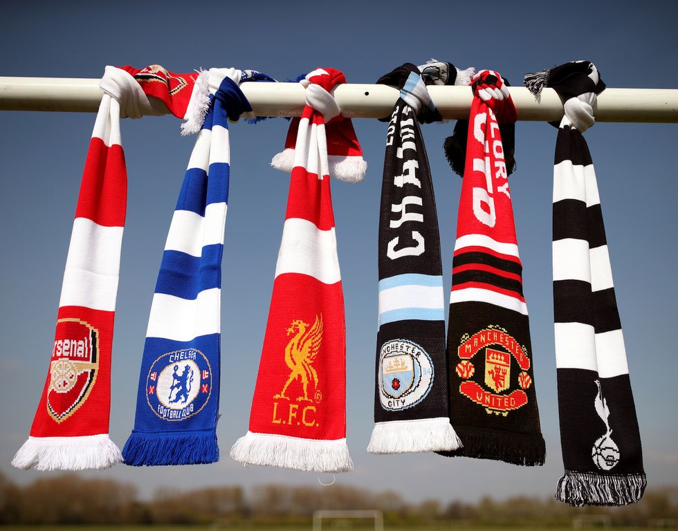 a selection of scarves pictured at hackney marshes, london, of the english soccer premier league teams left right arsenal, chelsea, liverpool, manchester city, manchester united and tottenham hotspur, who announced in a joint statement they are to join a new european super league picture date monday april 19, 2021 photo by yui mokpa images via getty images