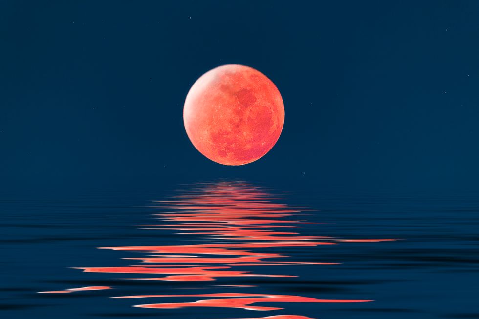 Super blue blood full moon over cold night water.