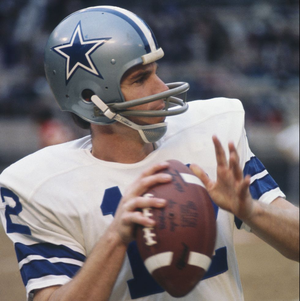 undated dallas cowboys quarterback roger staubach 12 throws a pass during a warm up photo by focus on sportgetty images