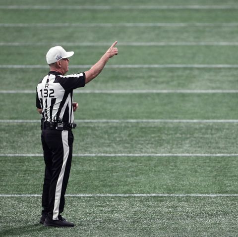 atlanta, georgia   february 03 referee john parry 132 makes a call in the second half between the new england patriots and the los angeles rams during super bowl liii at mercedes benz stadium on february 03, 2019 in atlanta, georgia photo by patrick smithgetty images