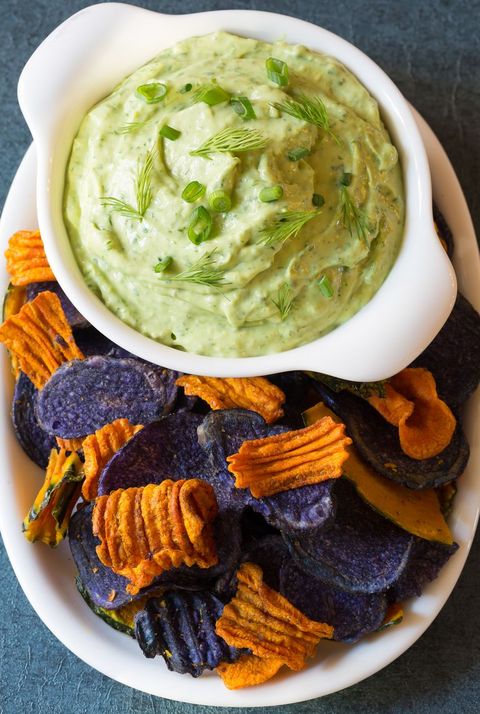 super bowl dips creamy avocado ranch dip with orange and purple chips