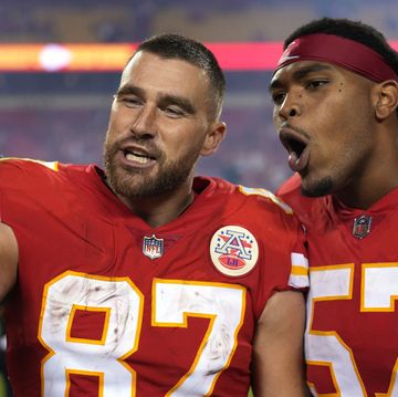 kansas city, missouri october 10 orlando brown jr 57 and travis kelce 87 of the kansas city chiefs take a selfie after the chiefs defeated the las vegas raiders 30 29 to win the game at arrowhead stadium on october 10, 2022 in kansas city, missouri photo by jason hannagetty images