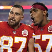 kansas city, missouri october 10 orlando brown jr 57 and travis kelce 87 of the kansas city chiefs take a selfie after the chiefs defeated the las vegas raiders 30 29 to win the game at arrowhead stadium on october 10, 2022 in kansas city, missouri photo by jason hannagetty images