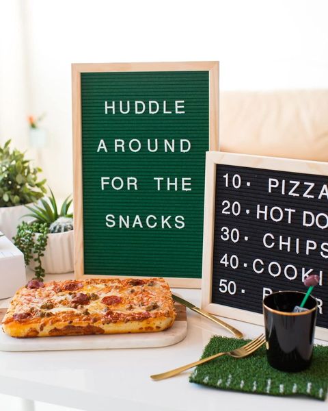 super bowl party ideas letterboard menus with pizza and gold forks