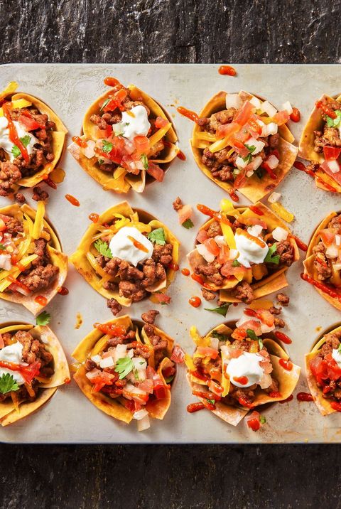 super bowl party ideas, taco cups on a tray