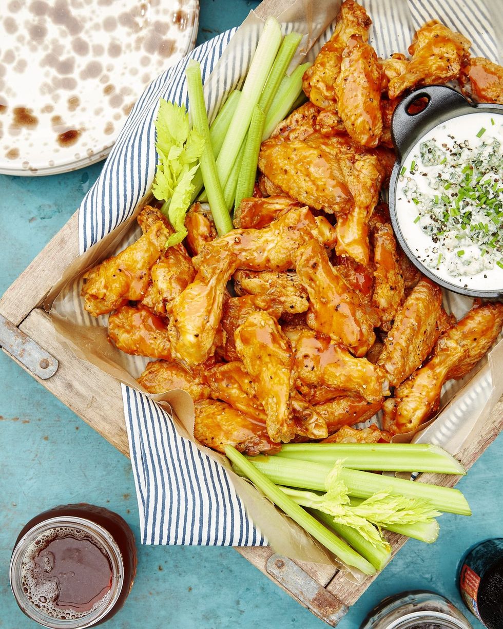 spicy oven baked buffalo wings with blue cheese dip