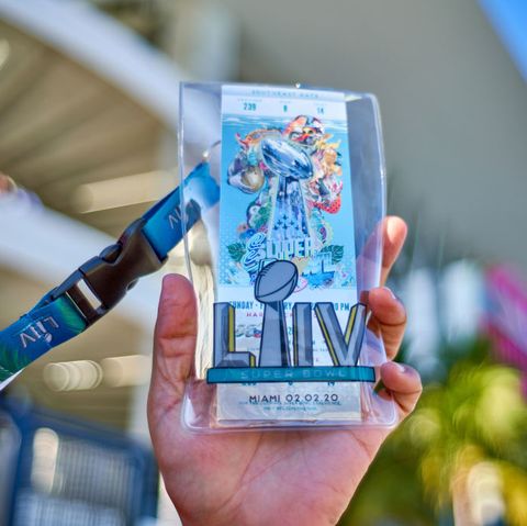 miami gardens, fl   february 02 a detail view of the official super bowl ticket is seen held by a fan in game action during the super bowl liv game between the kansas city chiefs and the san francisco 49ers on february 2, 2020 at hard rock stadium, in miami gardens, fl photo by robin alamicon sportswire via getty images