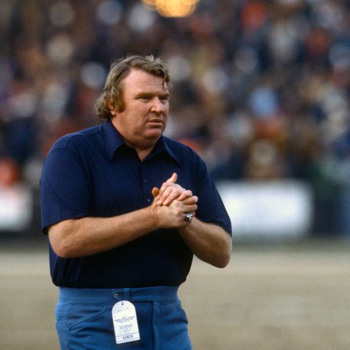 unspecified   circa 1977  john madden head coach of the oakland raiders looks on from the sidelines during an nfl football game circa 1977 madden coached the raiders from 1969 78 photo by focus on sportgetty images