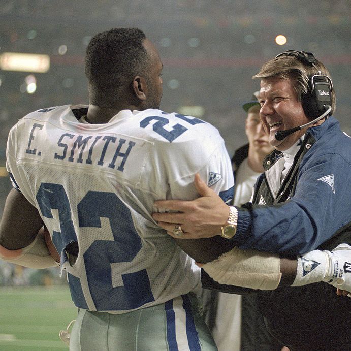 atlanta, ga   january 30  head coach jimmy johnson and emmitt smith 22 of the dallas cowboys celebrates as the cowboys leads the buffalo bills late in the fourth quarter of super bowl xxviii on january 30, 1994 at the georgia dome in atlanta, georgia the cowboys won the super bowl 30  13 photo by focus on sportgetty images