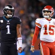 file photo editors note composite of images image numbers 1445115801, 1195611619 gradient added in this composite image a comparison has been made between quarterback jalen hurts 1 of the philadelphia eagles l and quarterback patrick mahomes 15 of the kansas city chiefs r they will meet in super bowl lvii on february 12,2023 at state farm stadium in glendale, arizona left image philadelphia, pa november 27 jalen hurts 1 of the philadelphia eagles looks on against the green bay packers at lincoln financial field on november 27, 2022 in philadelphia, pennsylvania photo by mitchell leffgetty images right image chicago, illinois december 22 patrick mahomes 15 of the kansas city chiefs walks across the field in the third quarter against the chicago bears at soldier field on december 22, 2019 in chicago, illinois photo by dylan buellgetty images