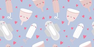 super cute vector texture with menstrual cups, pads, tampons and hearts