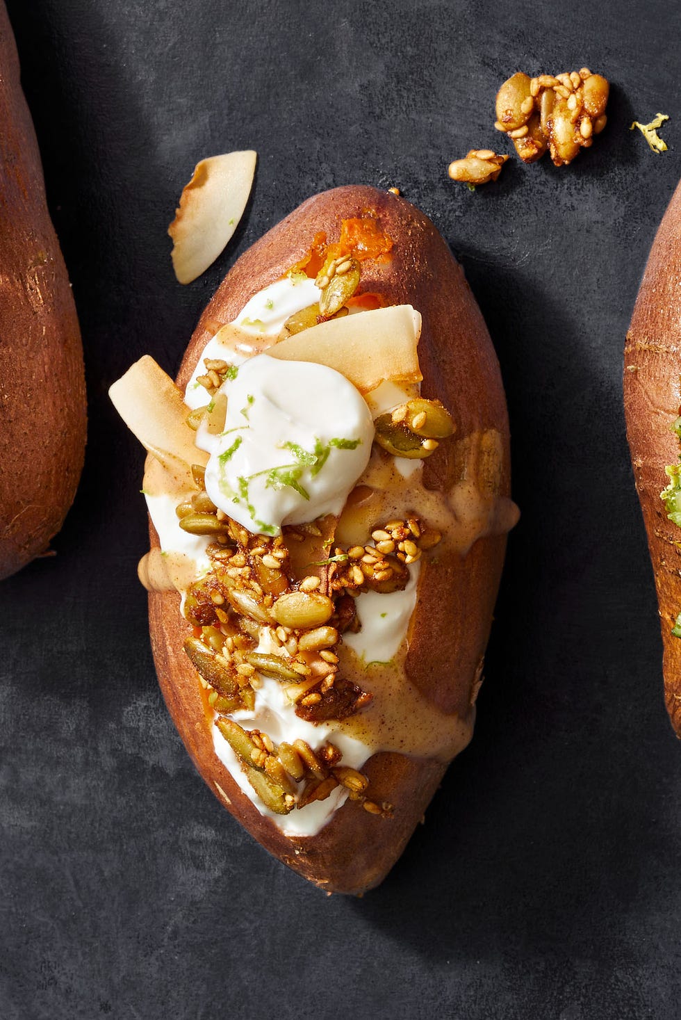 sweet potatoes with yogurt, almond butter and pepita granola