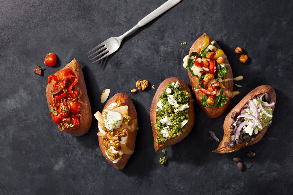 sweet potatoes with roasted peppers and crispy chickpeas