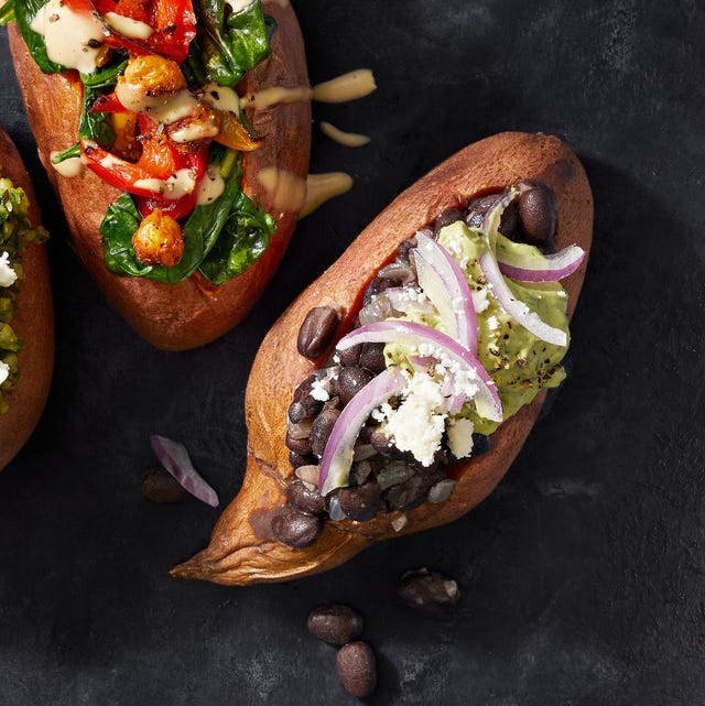 Sweet Potatoes with Saucy Black Beans and Avocado Crema sweet potatoes with saucy black beans and avocado crema