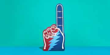 foam finger shaped like a hand with raised index finger in red and blue colors