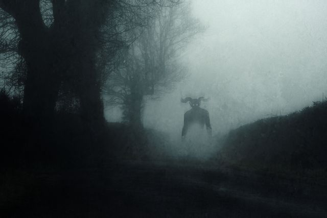 a supernatural demon. standing on a road. on a spooky foggy night in the countryside. with a grunge abstract edit.