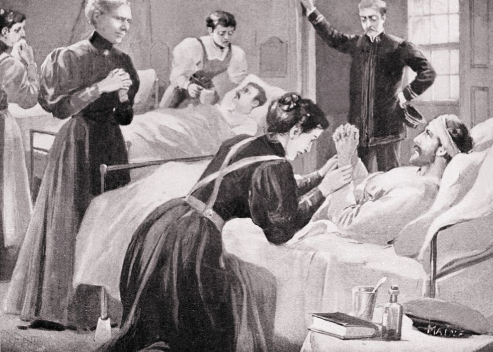 an illustration of clara barton watching nurses treat patients in a hospital area