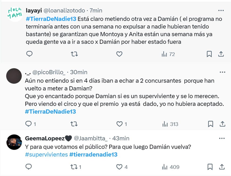 tuits criticos con la vuelta de damian a 'supervivientes'