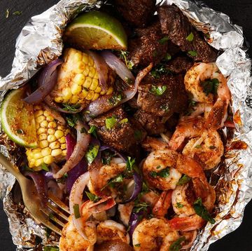 shrimp and steak grilled foil packs with corn and onion