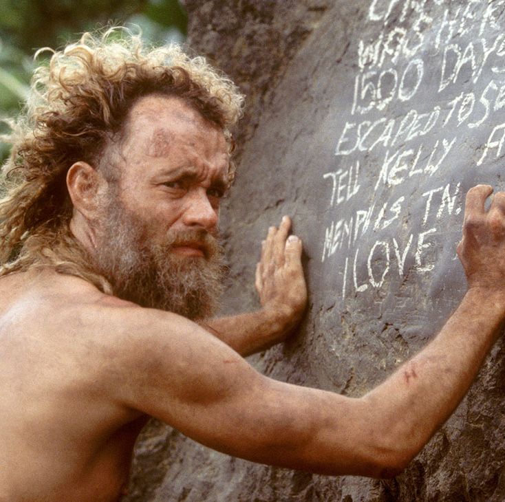 In Cast Away (2000), Tom Hanks is stuck on an island and