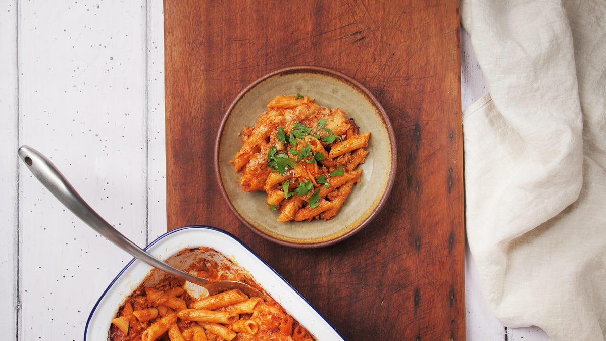 Tomato and Mascarpone Sausage Pasta Bake